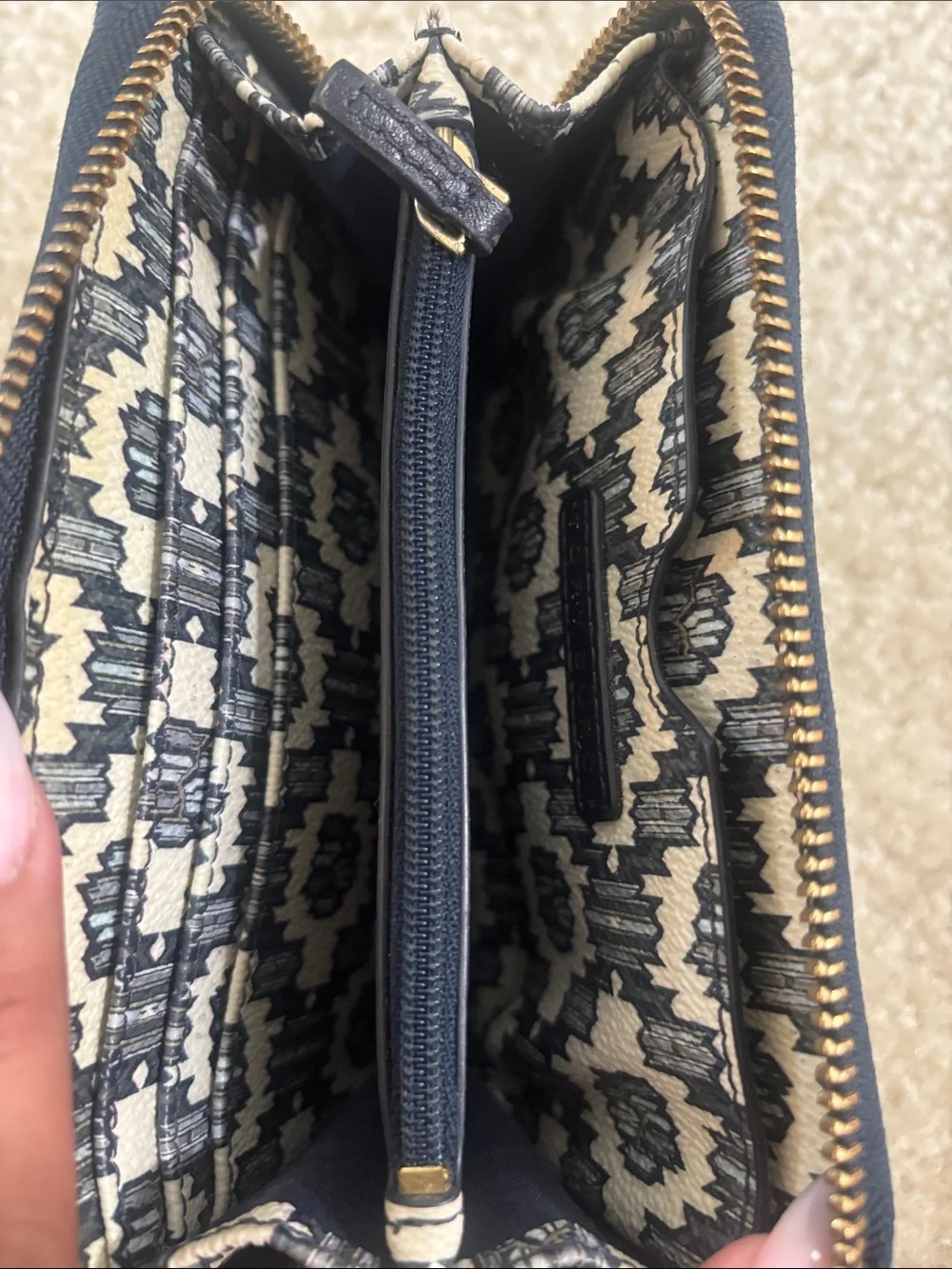 Tory Burch Navy and Cream Floral Zip-Around Wallet with Logo Medallion
